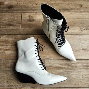 Calvin Klein Patent Leather White Boots Pointed 3" Wedge 8